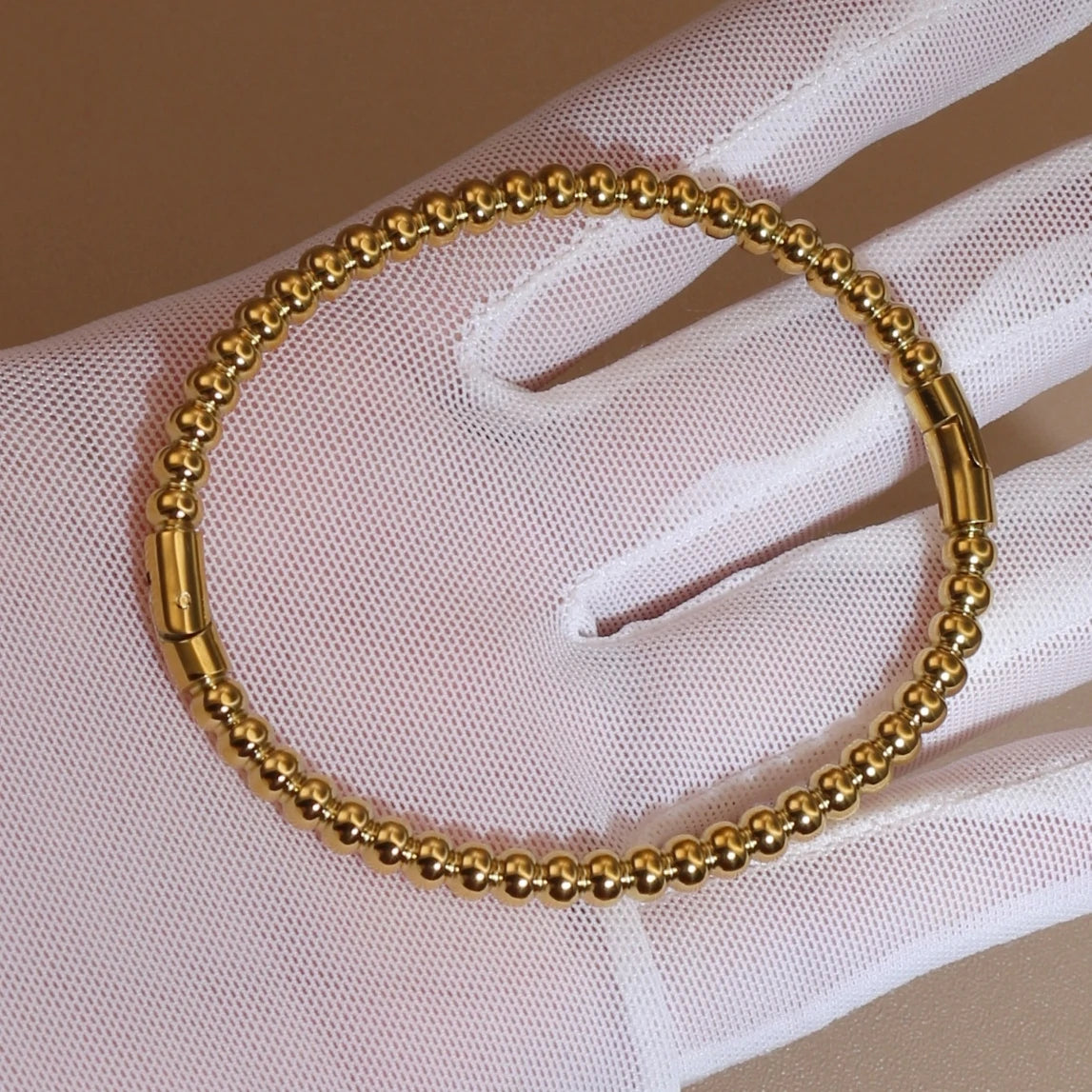 Women 18K Gold-Plated Stainless Steel Bead Open Bracelet Clasp Design Bangles Jewelry