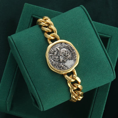 Vintage Copper Beauty Portrait Ancient Round Coin Wide Chain Women Bracelet