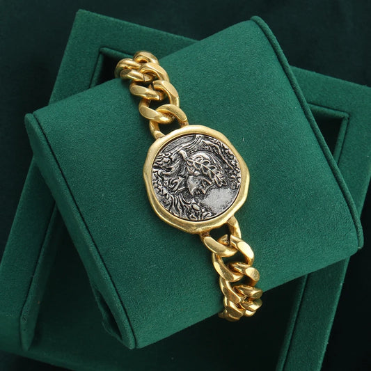 Vintage Copper Beauty Portrait Ancient Round Coin Wide Chain Women Bracelet