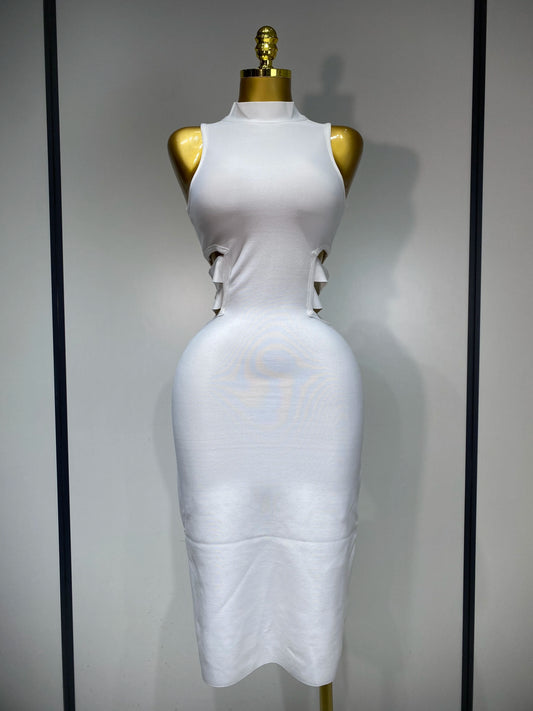 Sexy Turtleneck White Cut Out Midi Bandage Evening Party Prom Birthday Dress