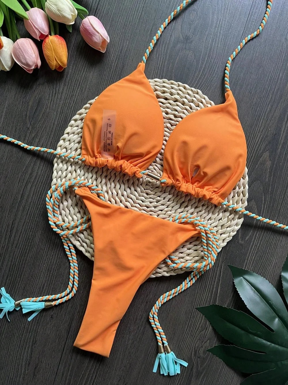 Sexy Solid color Two-piece Triangle Swimwear Braiding Rope Bikini Beach Bathing Brazilian Suit