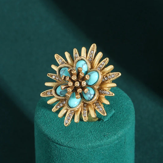 Luxury 18k Gold Color Crushed Arrow Natural Stone Flower Vintage Antique Designer Open Ring