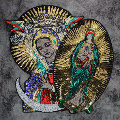 Large Sequins cross rose Blessed Virgin Mary Goddess Embroidery Patches for Clothes DIY sew Stripes Applique