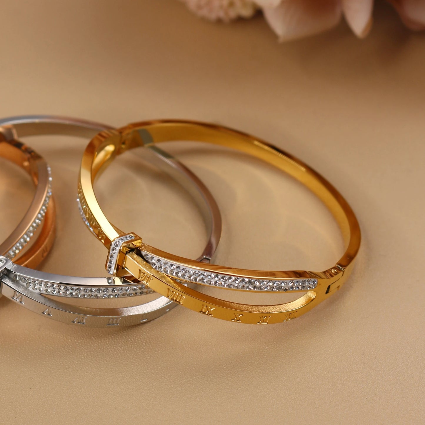 Love Charm 18k Gold Stainless Steel Crystal Cross Roman Numerals Bangle Bracelet