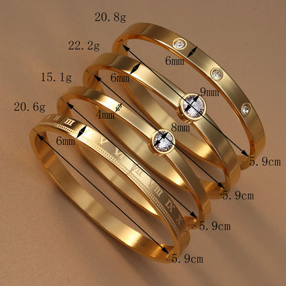 Women Roman Numeral 18k Gold Color Stainless Steel Zircon Bracelet Bangles