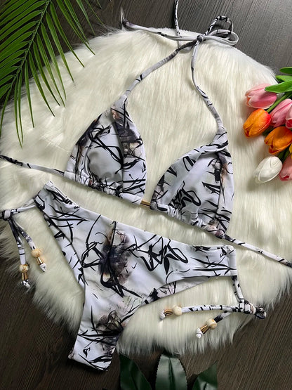 Sexy Print Bandage Bikini Swimsuit Two-piece Triangle Swimwear Bathing Suit
