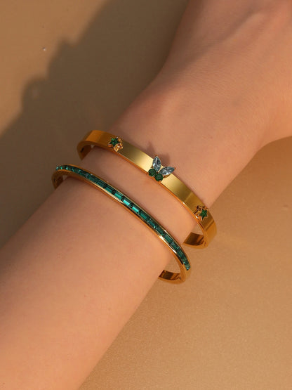 Women's Stainless Steel Green Crystal Gold Color Bracelet Bangle