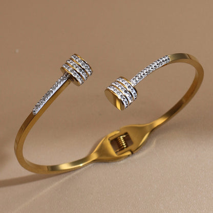 Women 18k Gold Plated Crystal Hollow Open Stainless Steel Bracelet