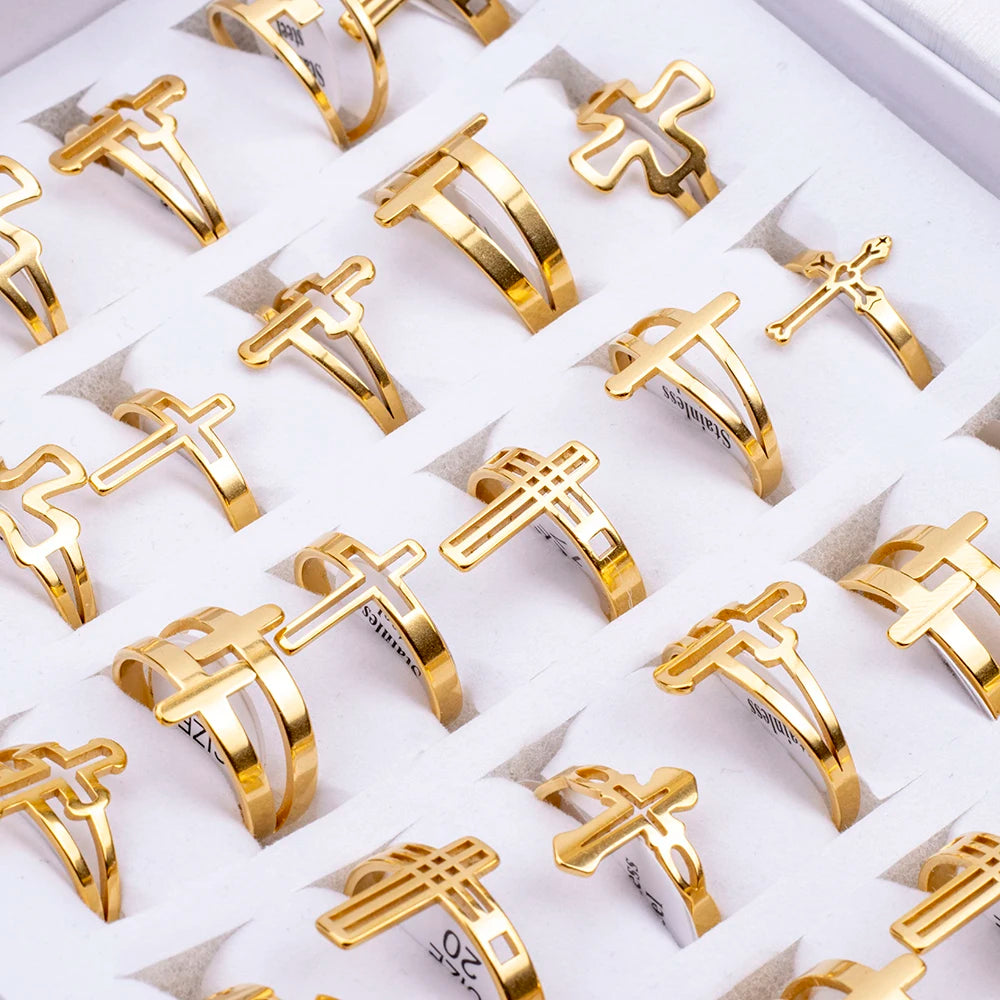 36Pcs/Lot Wholesale Stainless Steel Hollow Cross Charms Fashion Rings