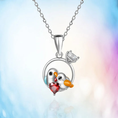 Women Fashion Cartoon Couple Bird Heart Shape Red Crystal Pendant Necklace Romantic Love Gifts