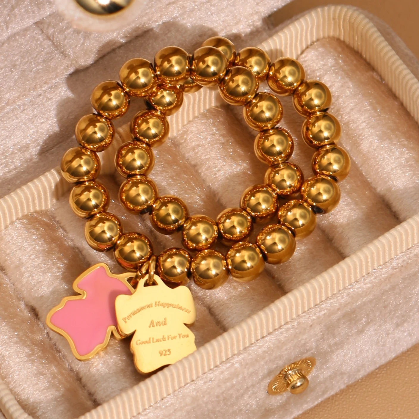 New Pink Elephant Pendant Elastic Bead Stainless Steel Bracelet 18 K Gold Plated Luxury Women's Jewelry Wholesale Gift