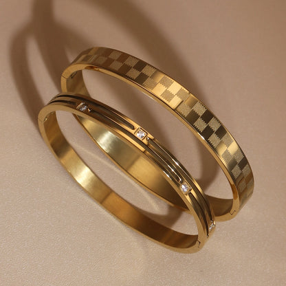 Luxury Polished Checkered Design Stainless Steel Crystal Wedding Party Bangle Bracelet