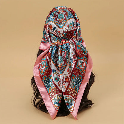 Women Fashion Silk Square Vintage Hijab Flower Prints Pashmina Bandana Scarves