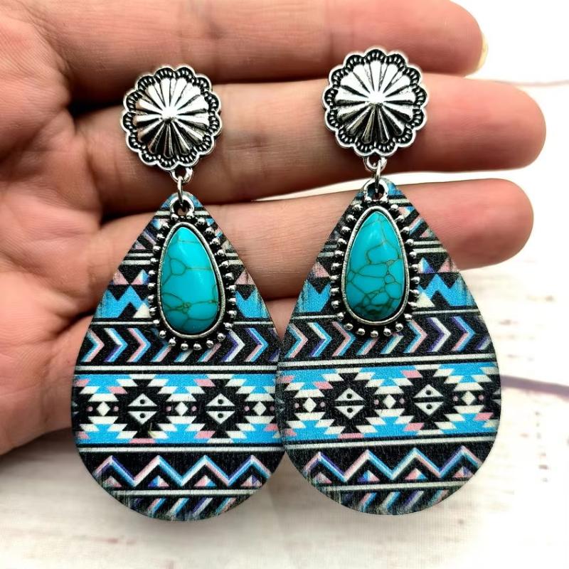 Women Turquoise Teardrop Wooden Aztec Teardrop Earrings