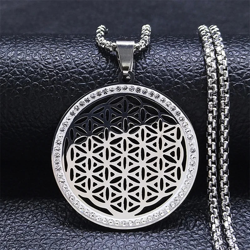 Women Metatron Sacred Geometry Symbol Flower of Life Stainless Steel Crystal Pendant Necklace