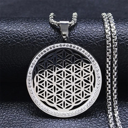 Women Metatron Sacred Geometry Symbol Flower of Life Stainless Steel Crystal Pendant Necklace
