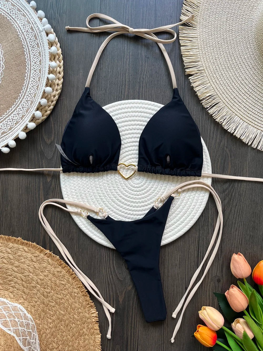 Solid Color Bikini Low Waist Lace-up Fashionable Swimsuit Two-piece Suit