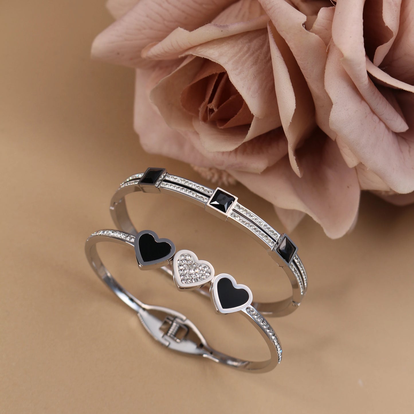 Stainless Steel Double Row Crystals Heart-Shaped Designs Open Clasp Charm Bangle Bracelet