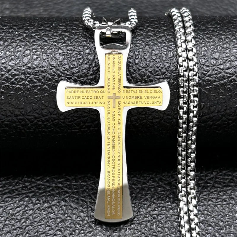 Men Stainless Steel Gold Color Bible Amulet Cross Christian Church Prayer Necklace
