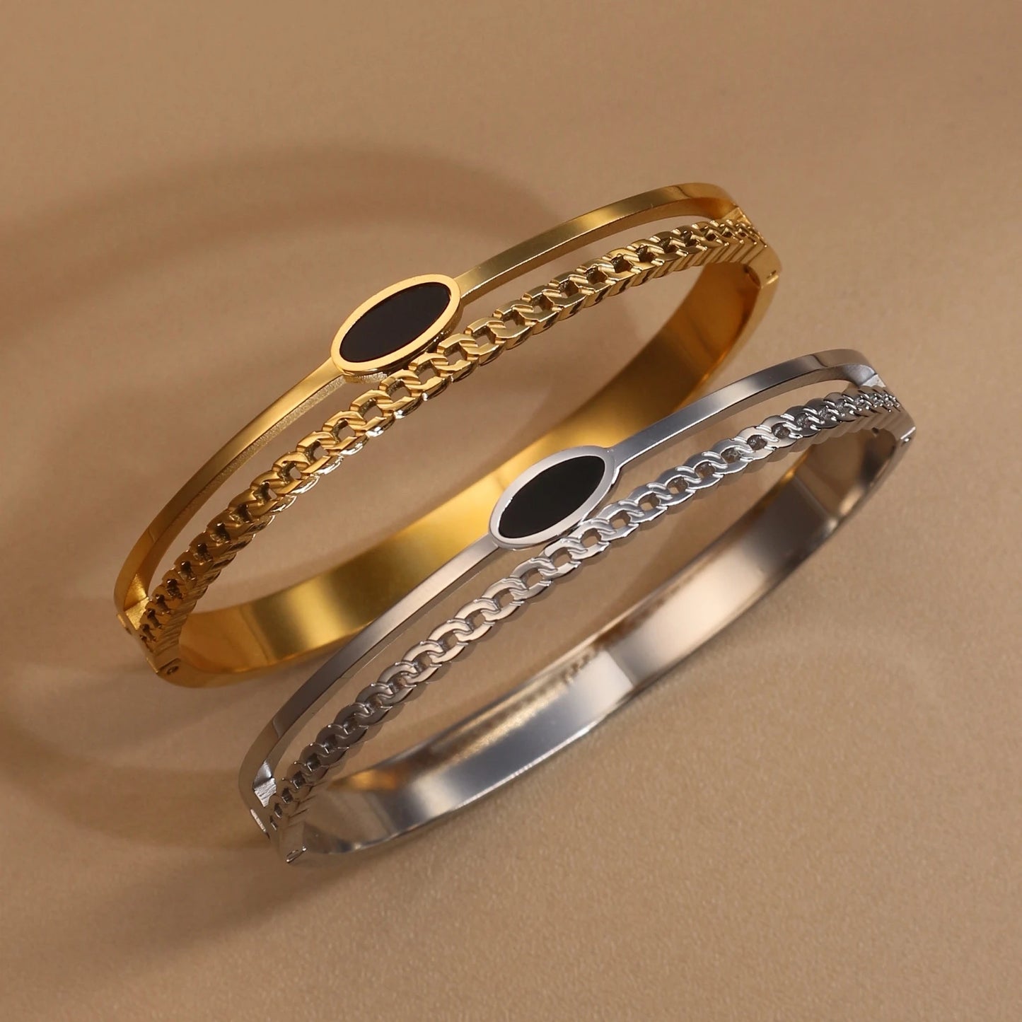 Luxury 2-In-1 Wedding Gold Black Acrylic Stainless Steel Ring Bangles Set
