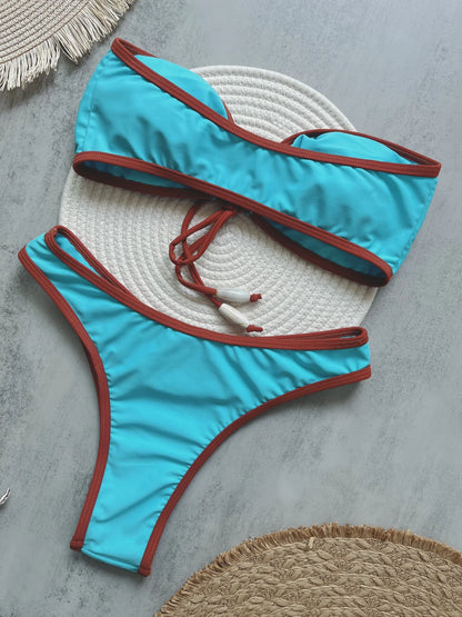 Two Pieces Women Tube Top Bow Split Bikini Swimsuit Swim Trunks Swimming Suit
