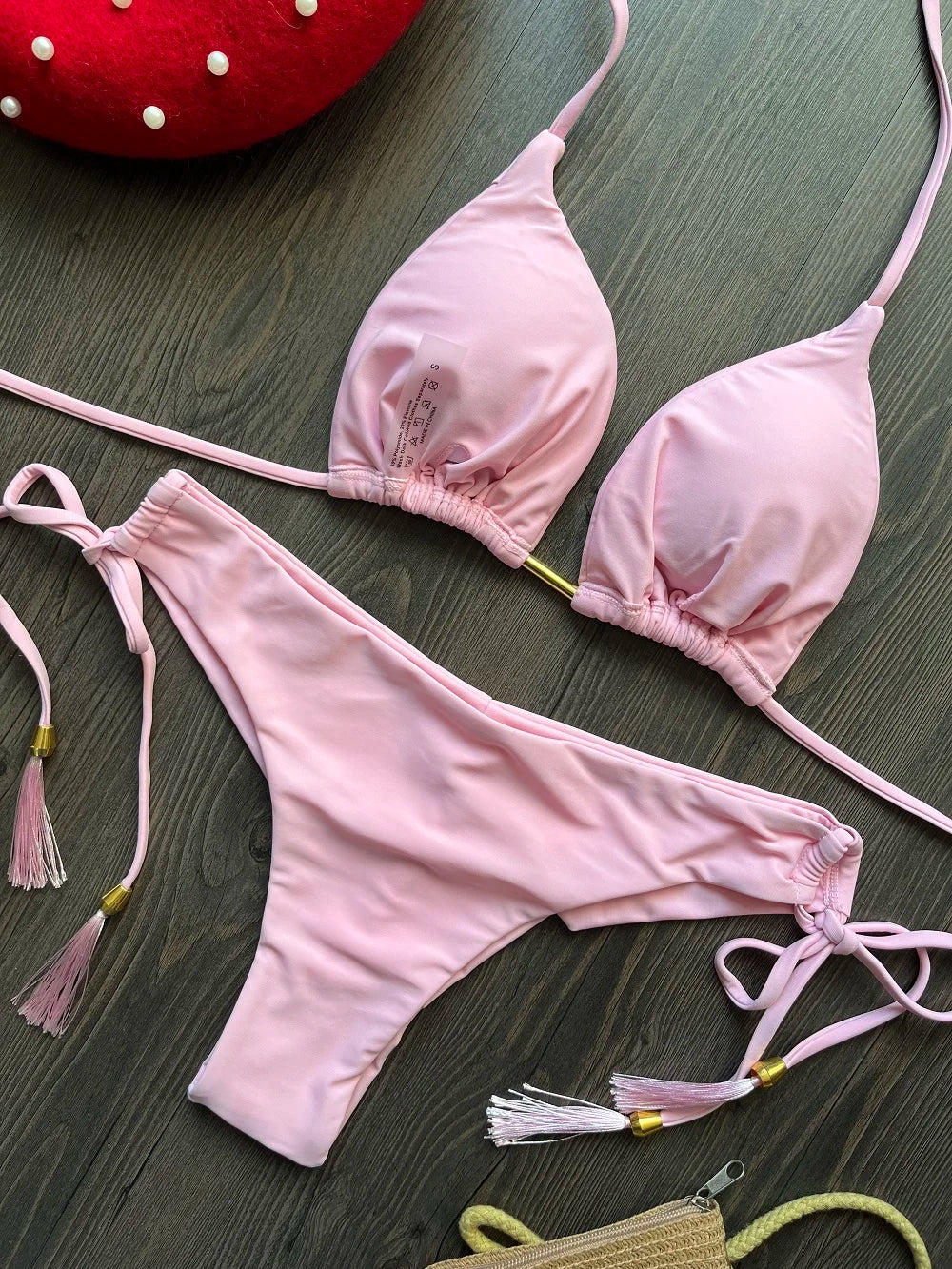 Solid Color Bikini Swimsuit Hanging Neck Rope Split Swimsuit 2-piece Beachwear Suit
