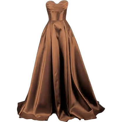 Sweetheart Strapless Pleat Satin Prom Women Long A Line Corset Formal Evening Party Dress w/ Pockets