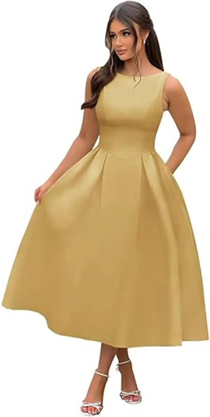 Simple Elegant O-Neck Satin Midi Prom Tea Length Backless A Line Formal Evening Party Bridal Dress w/ Pockets