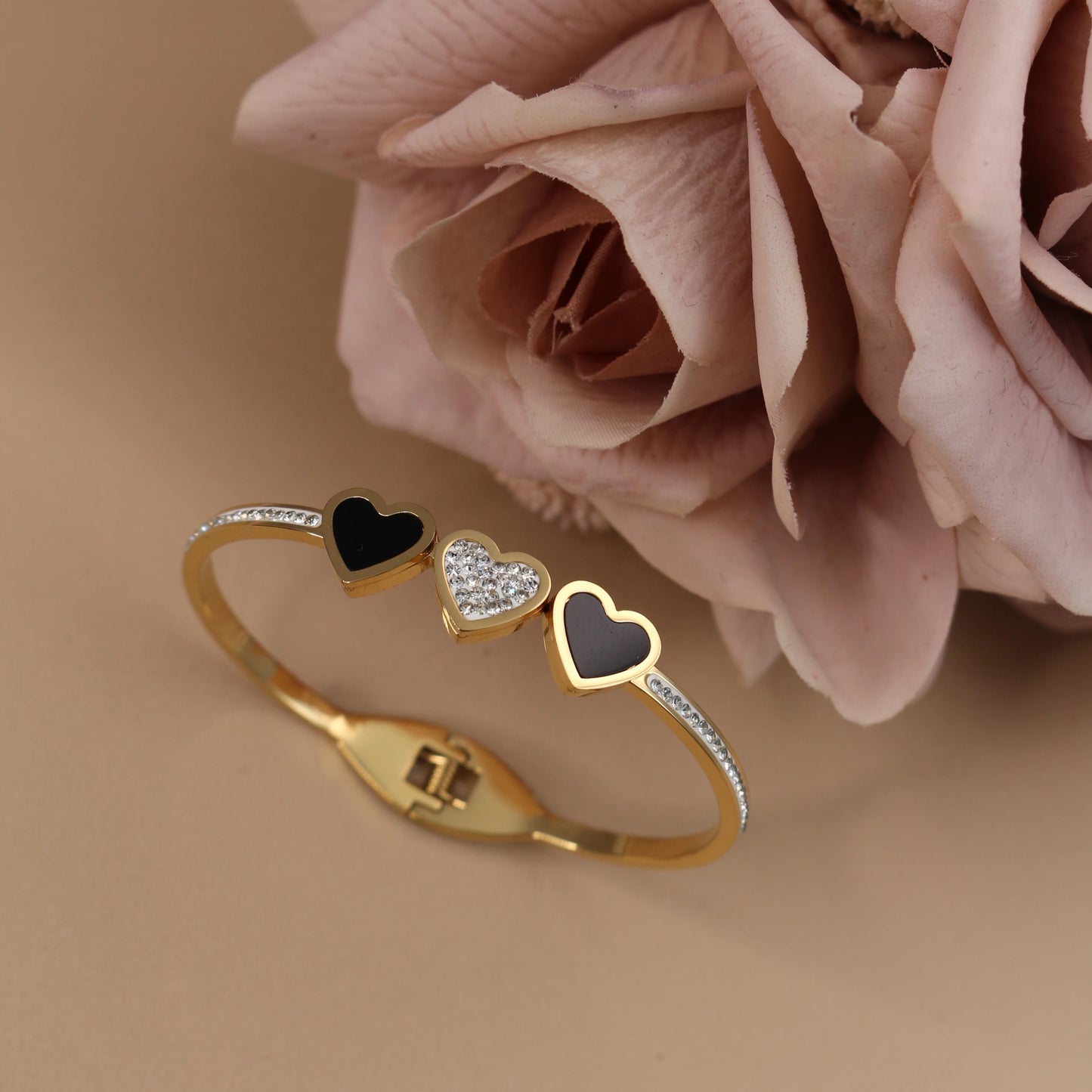 Stainless Steel Double Row Crystals Heart-Shaped Designs Open Clasp Charm Bangle Bracelet