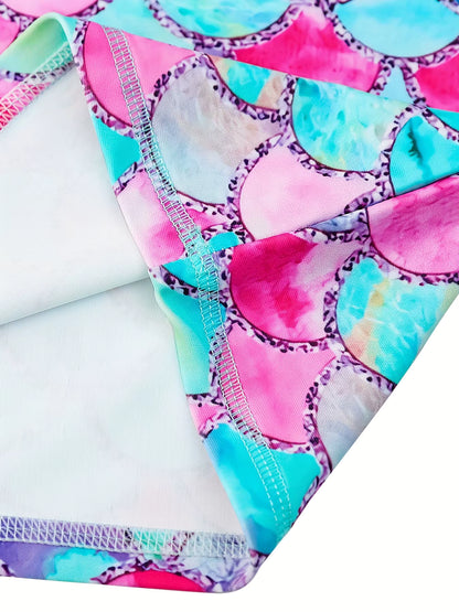 2pcs Kids Girls Short Sleeve Tops Swim Shorts Scale Print Patchwork Beach Bathing Swimwear