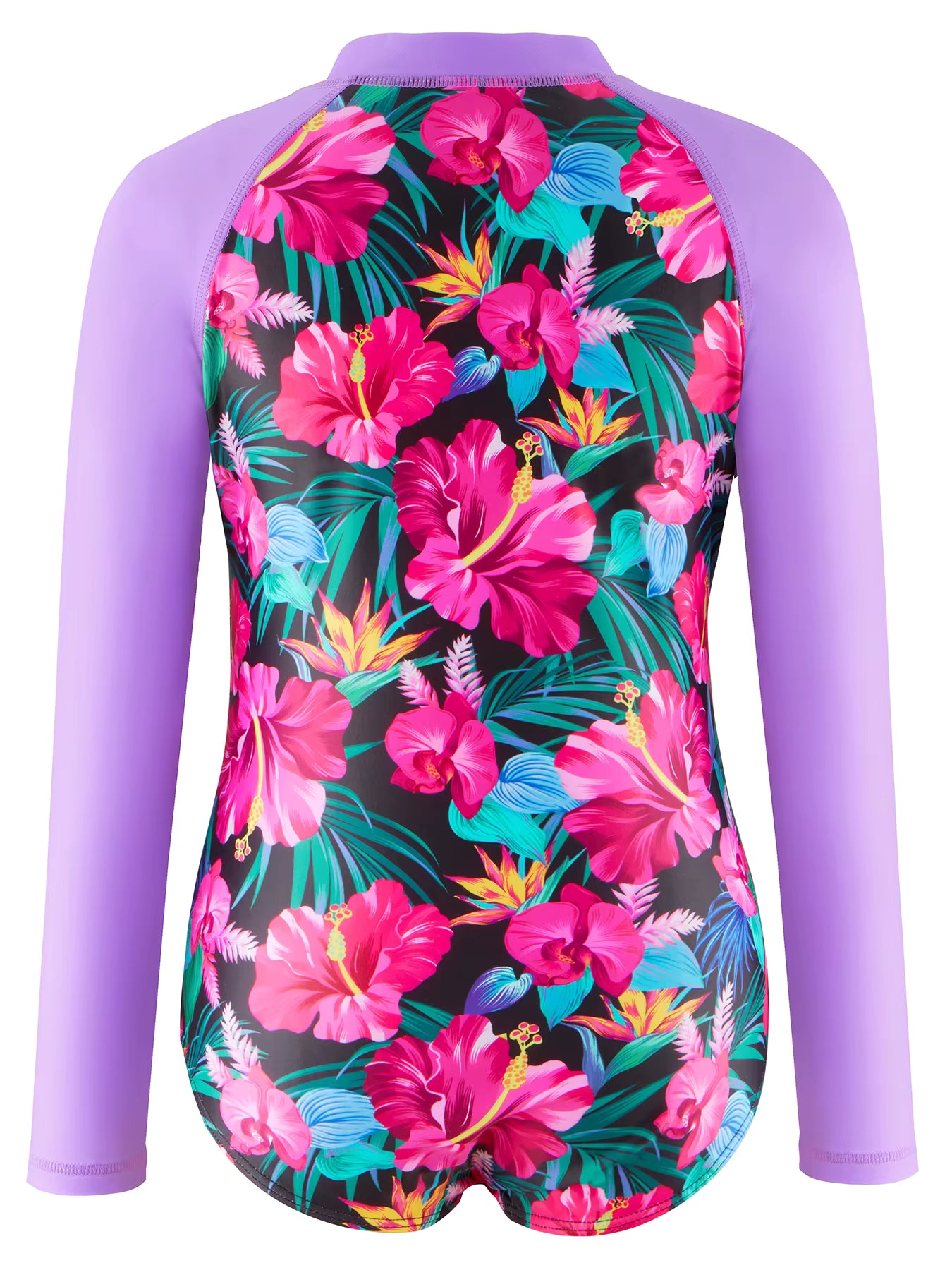 Girls Kids One Piece Long Sleeve Floral Print Bikini Cut Bottom Swimwear Beach Swim