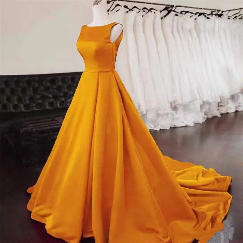 Women's Scoop Neck Sweep Train Prom Backless A-line Satin Long Formal Evening Party Dress w/ Pockets