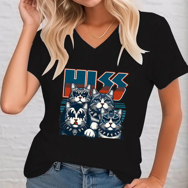 Cats Kittens Rock Funny Women Lovers Funny Music V-neck T-shirt Tops