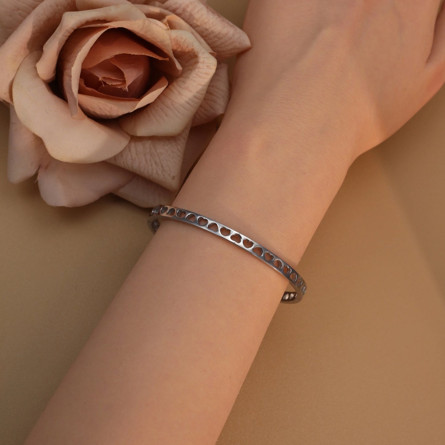18K Gold-Plated LOVE Stainless Steel Zircon Openwork Bangle Bracelet Women's Jewelry