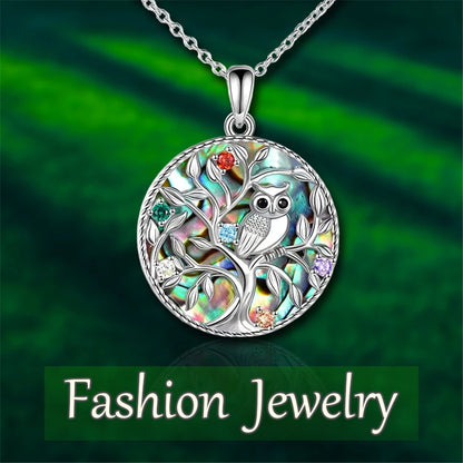 Creative Animal Colorful Tree of Life Owl Colorful Rhinestone Disc Pendant Necklace