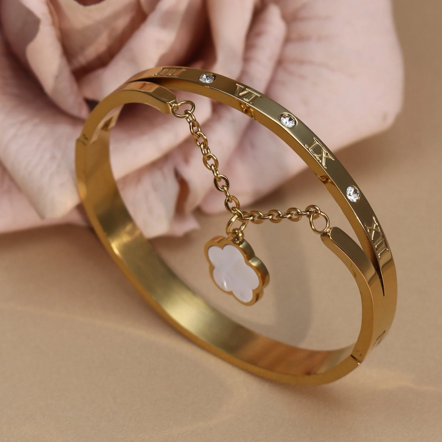 Roman Numeral Crystal Flower Shaped Pendant Stainless Steel Bracelet Bangles