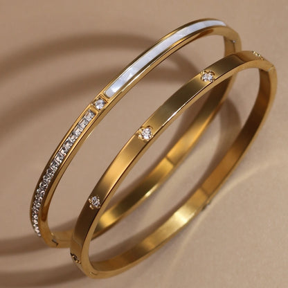 4mm Women's Stainless Steel Crystal Shell Design 18K Gold Plated 2-in-1 Bracelet Bangle
