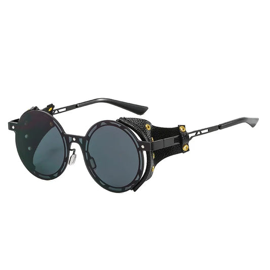 Oversized Men Women Vintage Designer Punk Metal Shades Round Steampunk Leather Eyeglasses UV400 Sunglasses