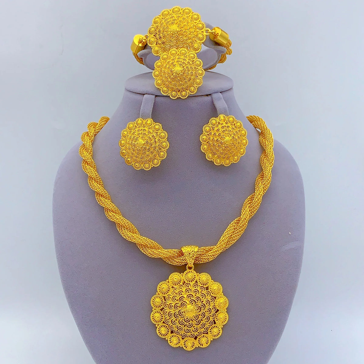 Dubai 24k Gold Color Women Ethiopian Indian Bridal Wedding Twisted Necklace Earrings Sets