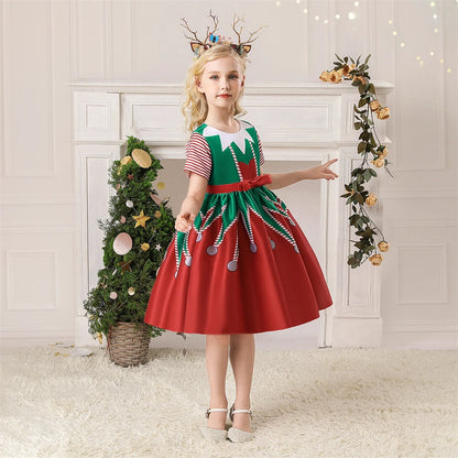 Girls Kids New Year Party Santa Claus Snowman Print Cosplay Costume Xmas Princess Theme Party Dress