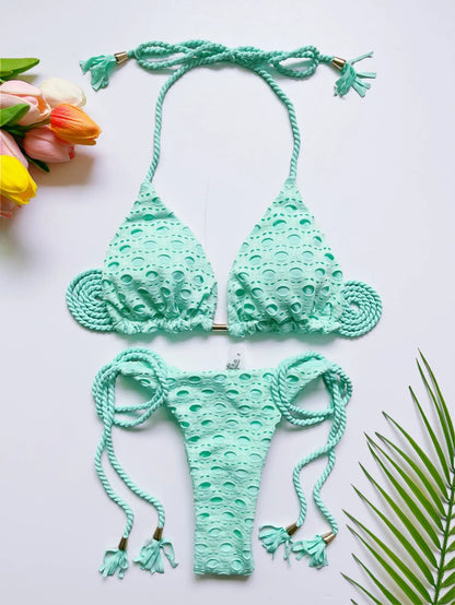 Women's two-piece set w/ push up hanging neck solid color bikini beach swimsuit