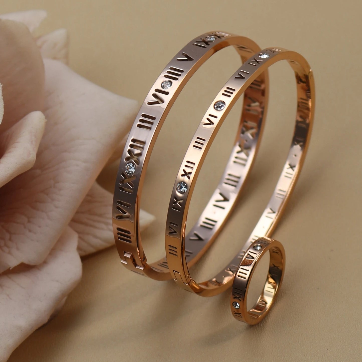 Stainless Steel 18K gold plated Roman Numeral Bracelet Bangles Ring 2-in-1 Jewelry