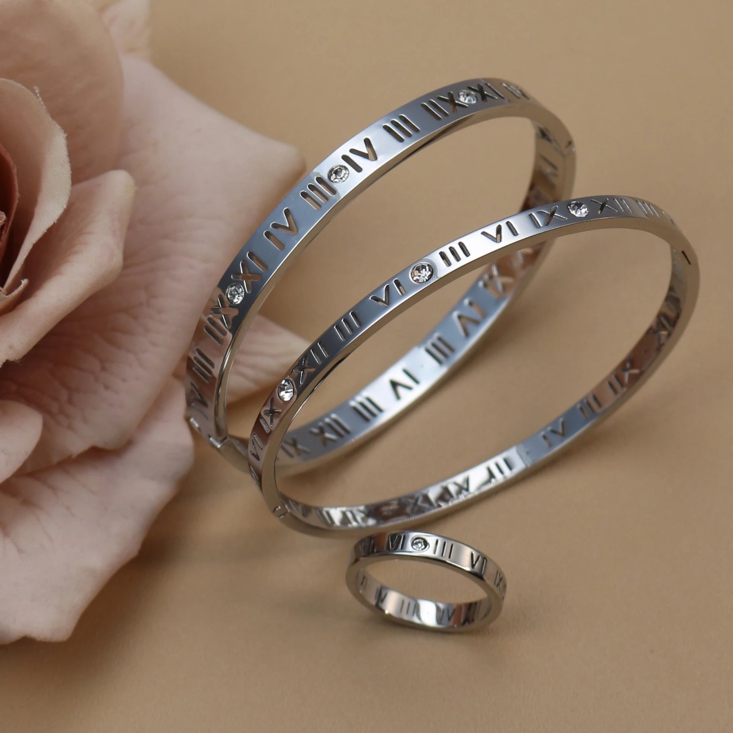 Stainless Steel 18K gold plated Roman Numeral Bracelet Bangles Ring 2-in-1 Jewelry