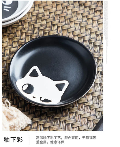 Ceramic Cartoon Cat Japanese Soy Sauce Vinegar Roast Meat Dip Round Snack Plate Bowl Dishes