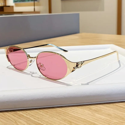 Women Metal Frame Oval Shades Fashion Designer Sunglasses Glasses