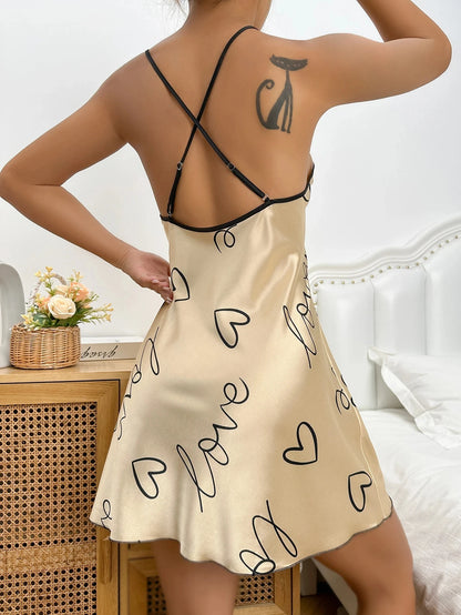 Heart Print Scoop Neck Criss Cross Women's Sleepwear Nightdress
