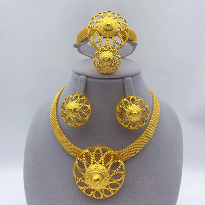 African Indian Bridal Women 24k Gold Color Dubai Ethiopian Necklace Earrings Jewelry Sets