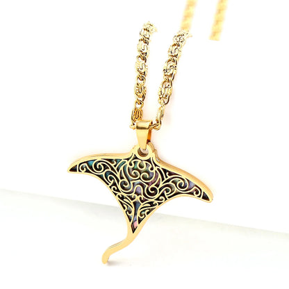 Women Men Stainless Steel Gold Color Ocean Animal Manta Ray Sea Devil Fish Abalone Shell Pendant Necklace