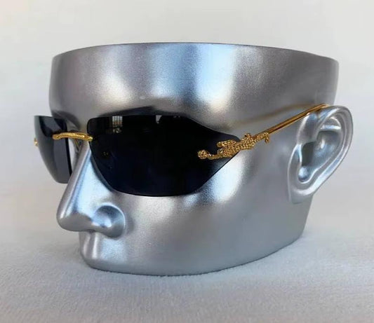 Women Men Gold Silver Designer Y2K Rimless Curved Rectangle Vintage Punk Shades Sunglasses