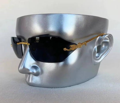 Women Men Gold Silver Designer Y2K Rimless Curved Rectangle Vintage Punk Shades Sunglasses